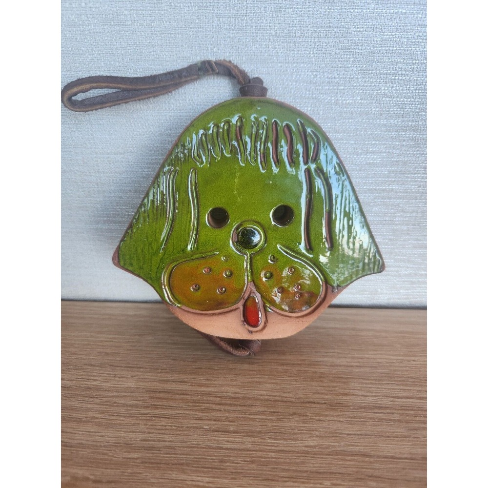 Vintage Hanging Terra Cotta Clay Green Glazed Dog Face On Leather Cord 2 Sided